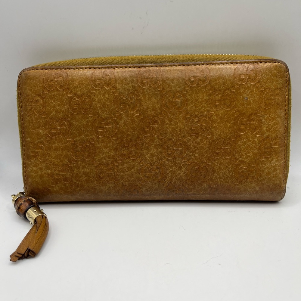 Gucci Brown Guccissima Leather Bamboo Tassel Zip Around Wallet